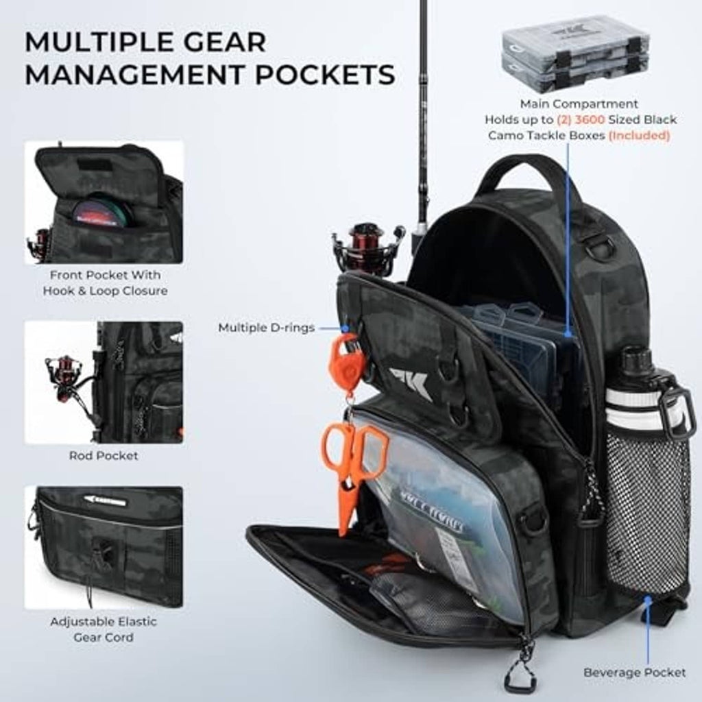Black camo fishing bag with multiple pockets, D-rings, and side compartment