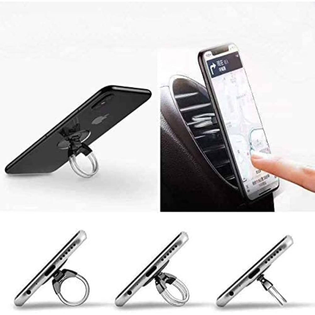 Phone ring holder stand shown from multiple angles with silver metal finger loop