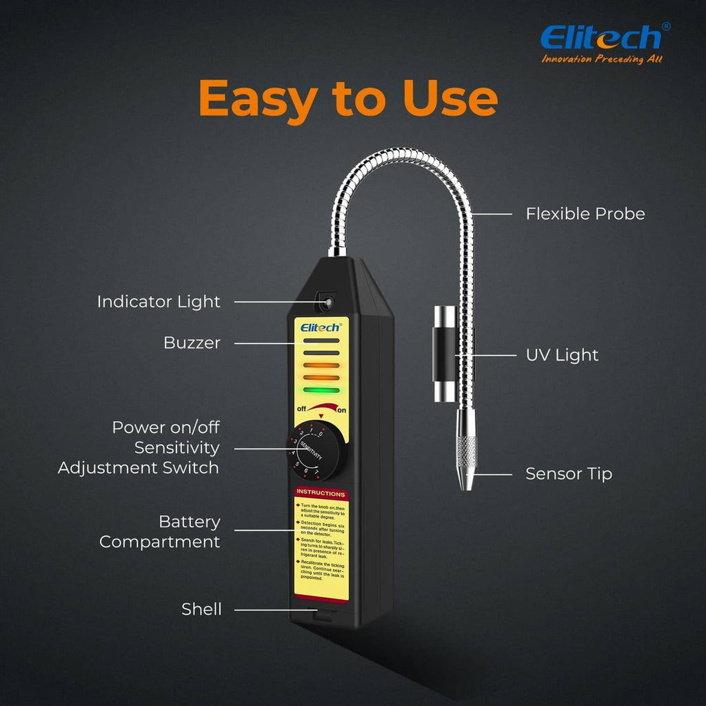 Halogen leak detector with flexible probe, front indicator light, UV light and sensor tip.