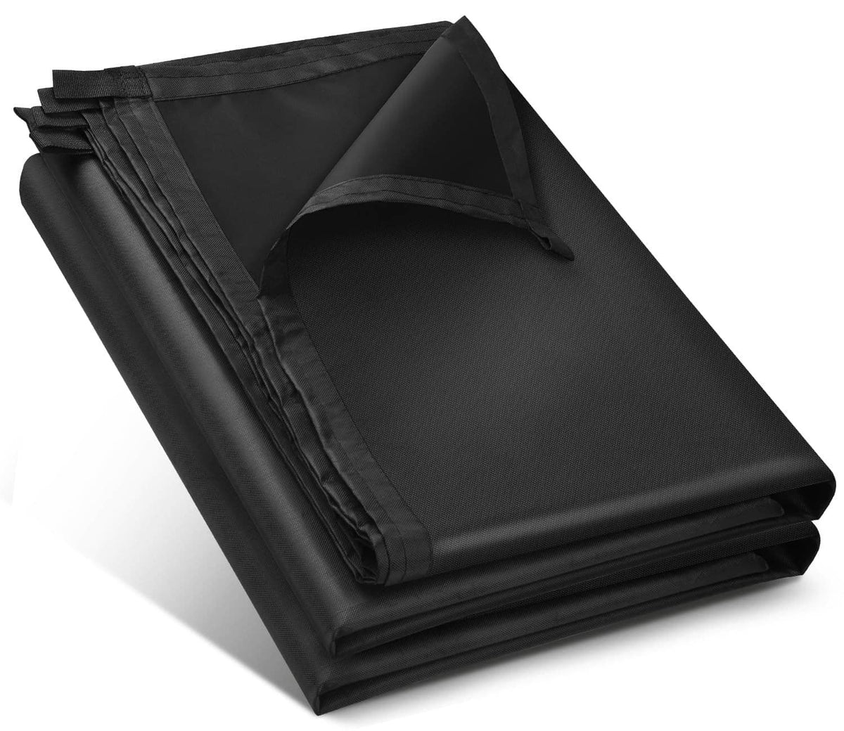 Black waterproof tarp cover, 5x5 ft, folded with reinforced edge seams