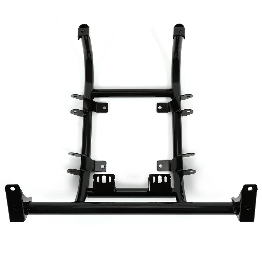 Powder-coated black lift kit frame with upright supports and base mounting brackets