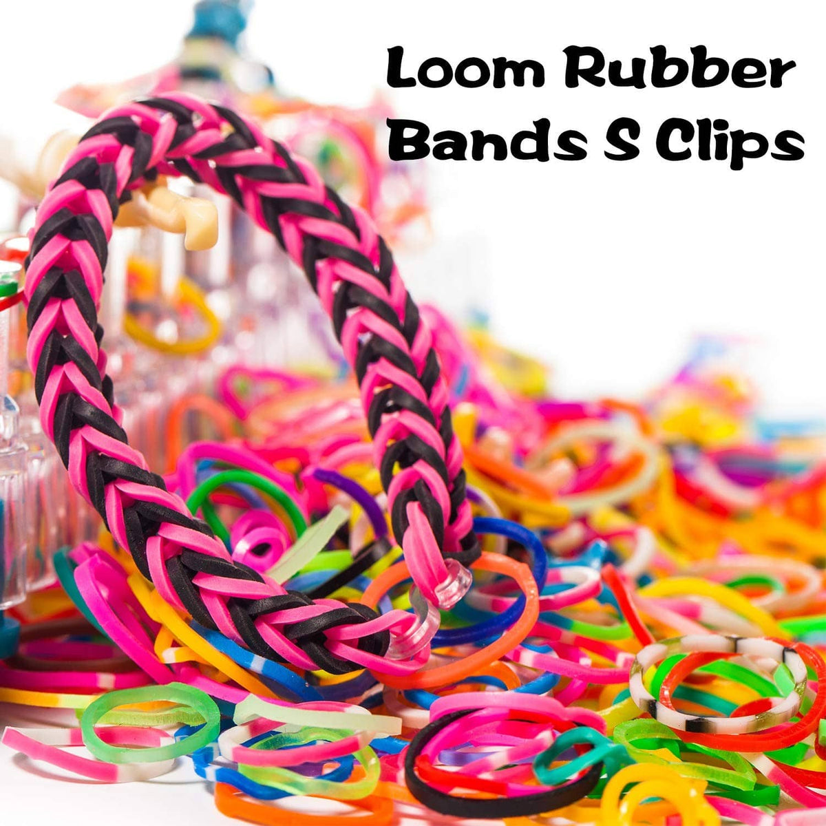 Rainbow loom rubber bands and S clips connectors, bright mixed colors assortment