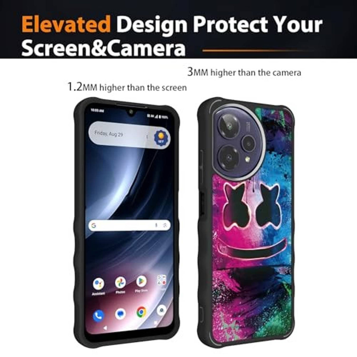 Phone case with raised edges around screen and camera, featuring neon cat graffiti art