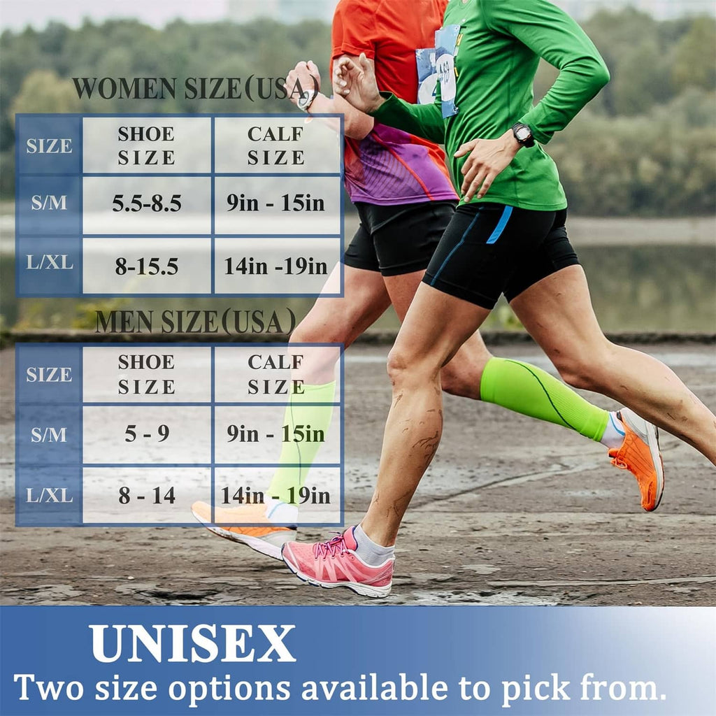 Unisex compression sock size chart with running model wearing beige socks