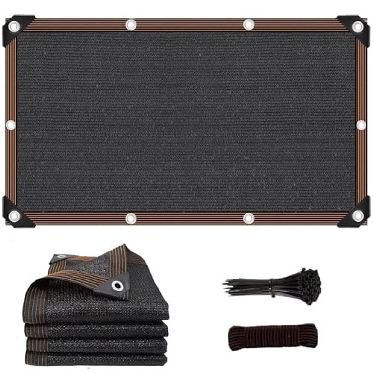Black shade sail with grommets plus rolled fabric, bundled stakes, and tie ropes