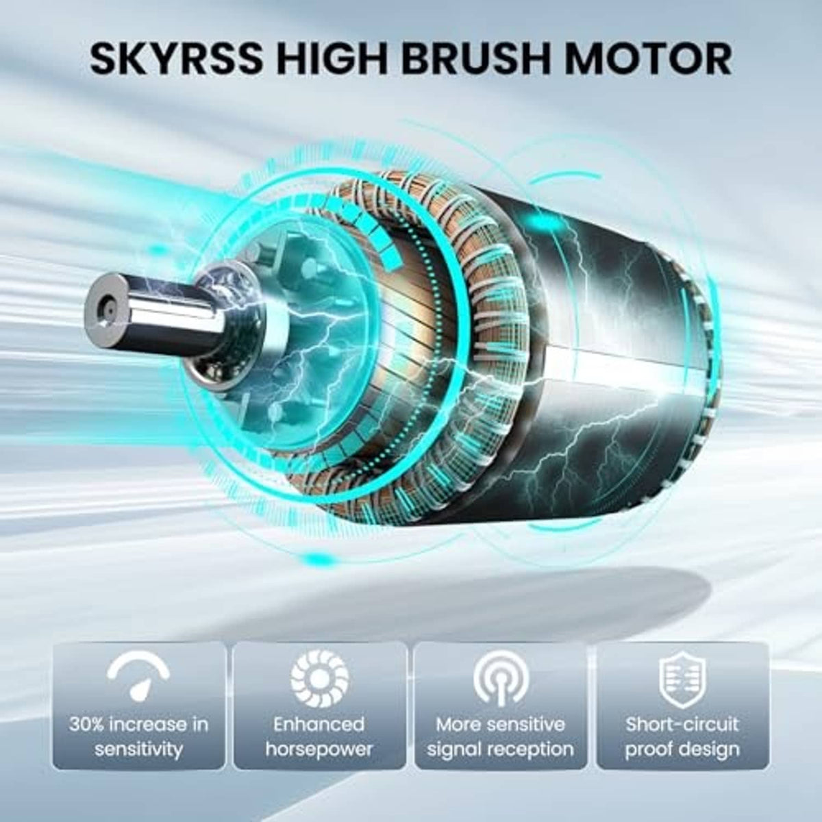High brush motor rotor, silver housing with copper coils and blue light rings