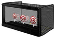 Auto-reset airsoft target frame with mesh enclosure and four red bullseye targets