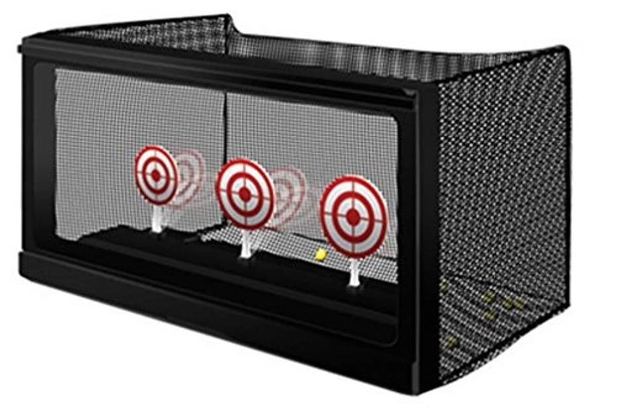 Auto-reset airsoft target frame with mesh enclosure and four red bullseye targets