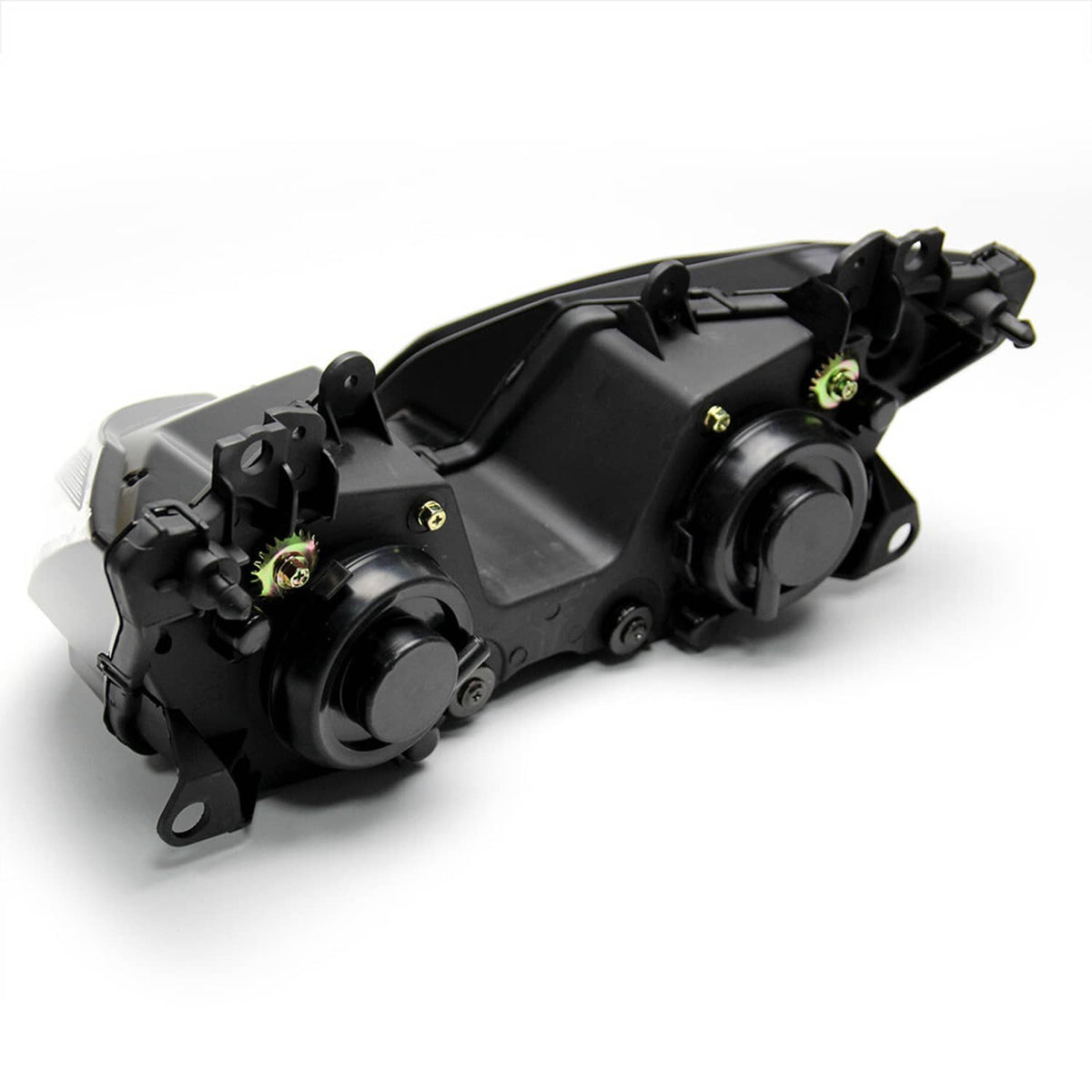 Motorcycle front headlight assembly with black housing, mounting brackets, clear lens