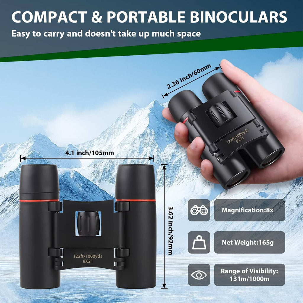Black compact binoculars held in hand with central focus and red detail accents