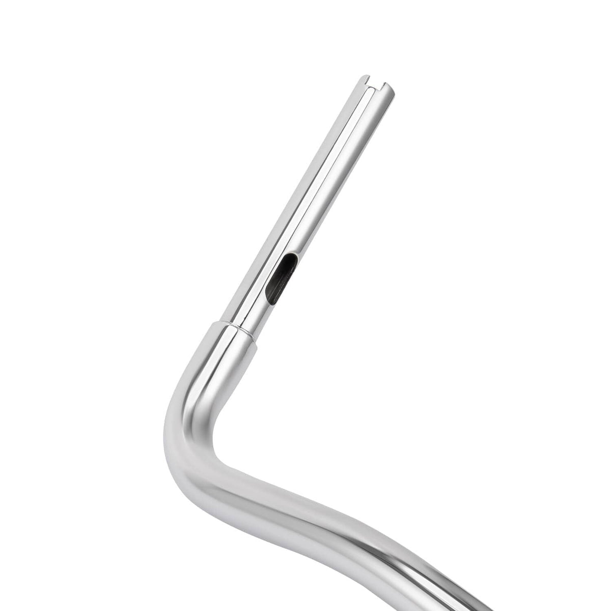 Chrome ape hanger handlebar close-up of one end and tubing