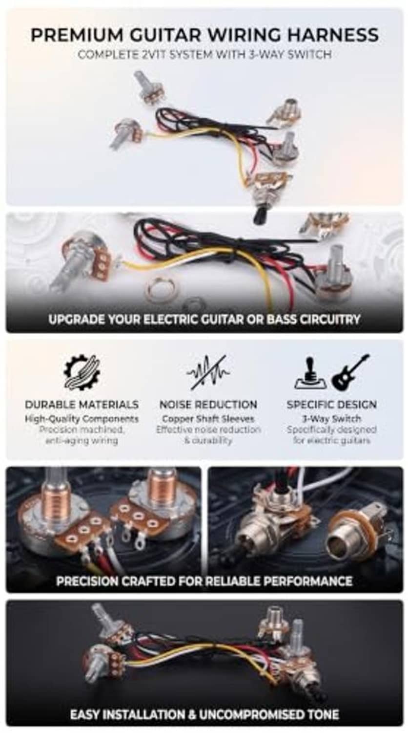 Pre-wired guitar wiring harness kit with two volume pots and one tone pot