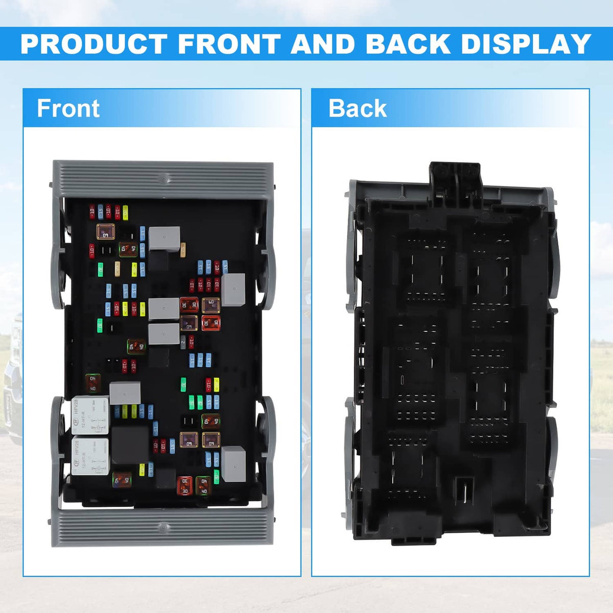 Electrical fuse relay junction block front and back view panels, internal fuse layout