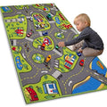 Kids city playmat rug with colorful roads, buildings, and toy cars; textured non-slip backing edge