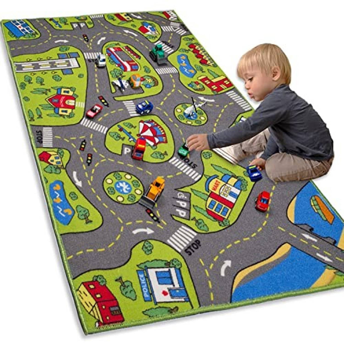 Kids city playmat rug with colorful roads, buildings, and toy cars; textured non-slip backing edge