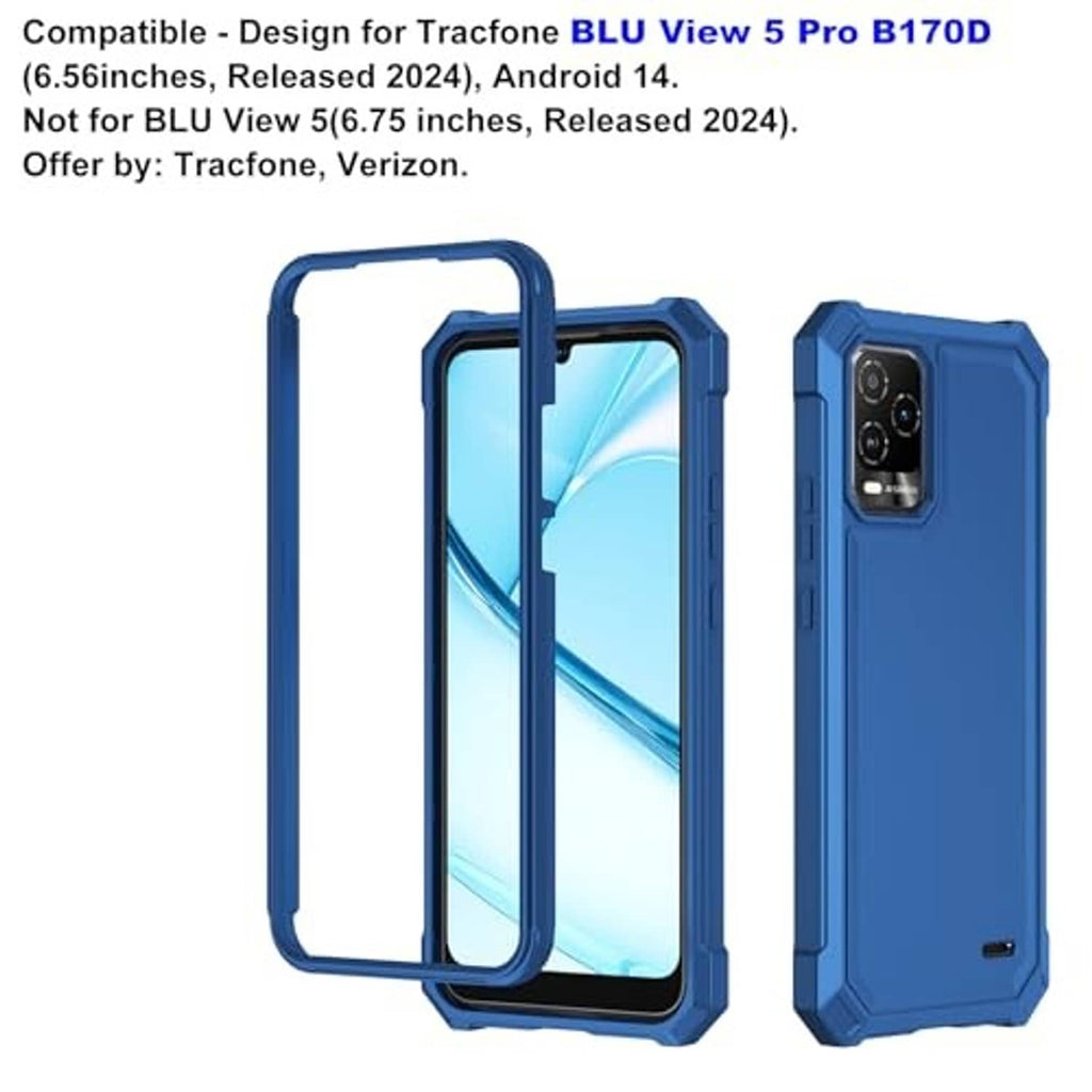 Blue dual-layer phone case showing front and back views with camera cutout