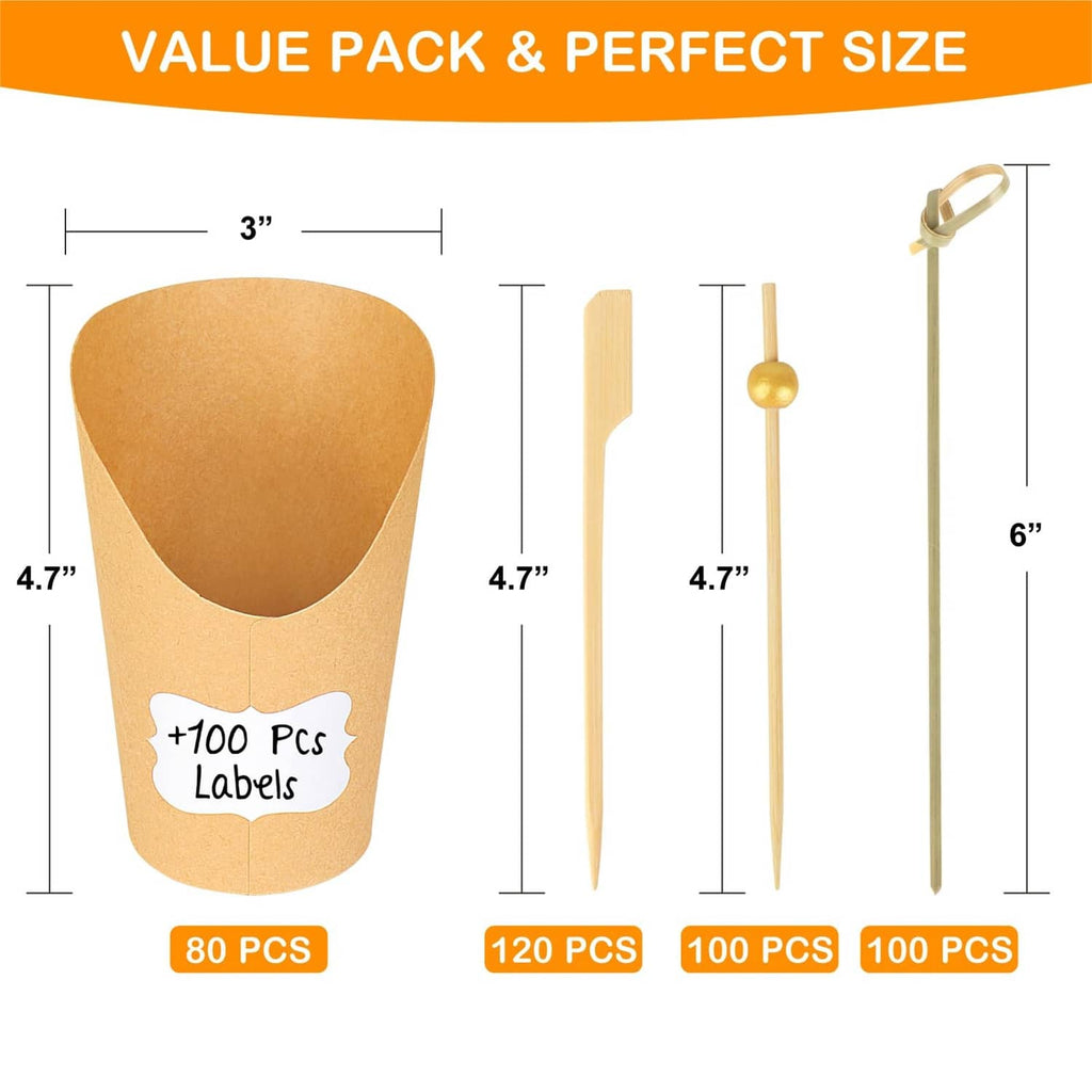 Brown kraft charcuterie cups with stick picks and extra labels, size diagram