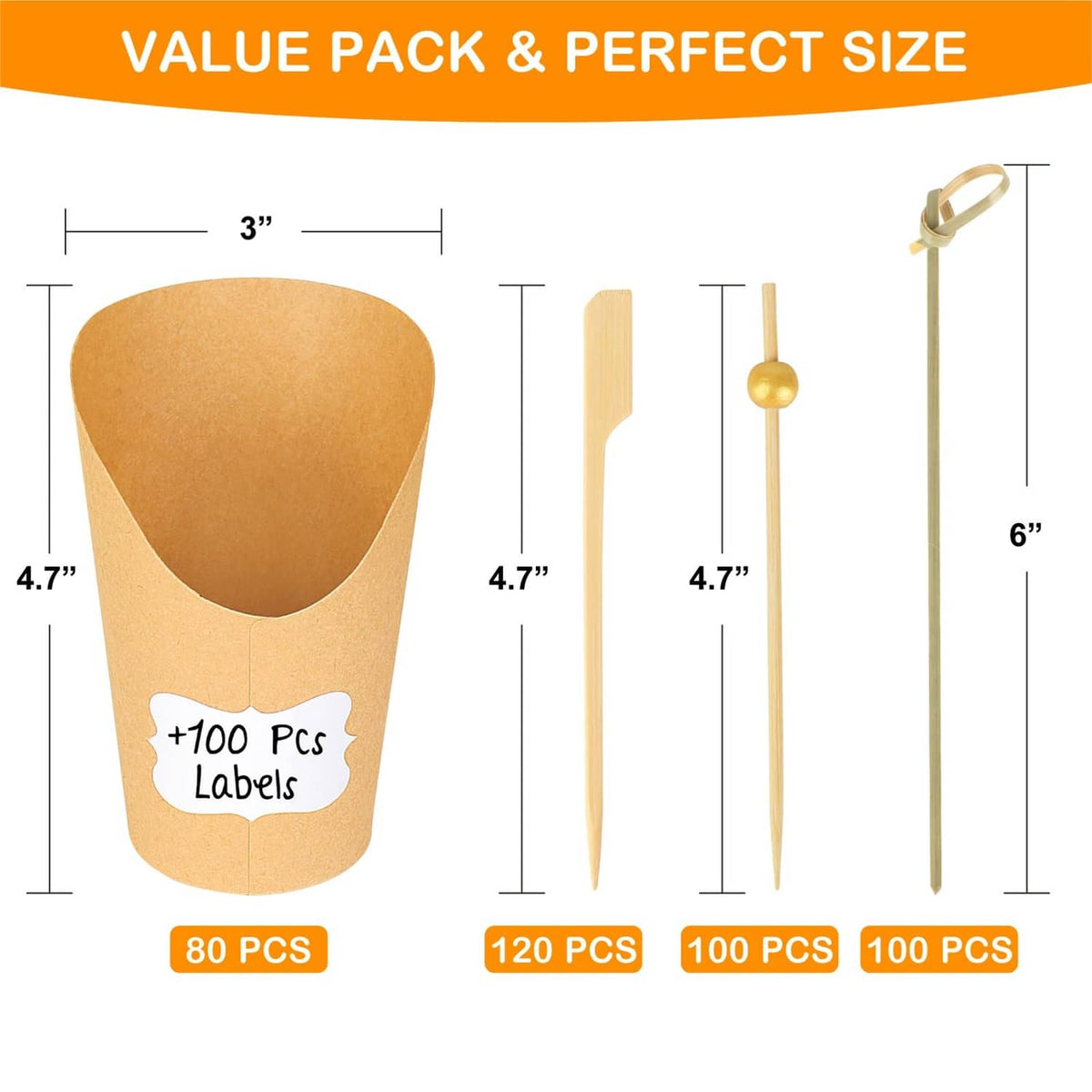 Brown kraft charcuterie cups with stick picks and extra labels, size diagram
