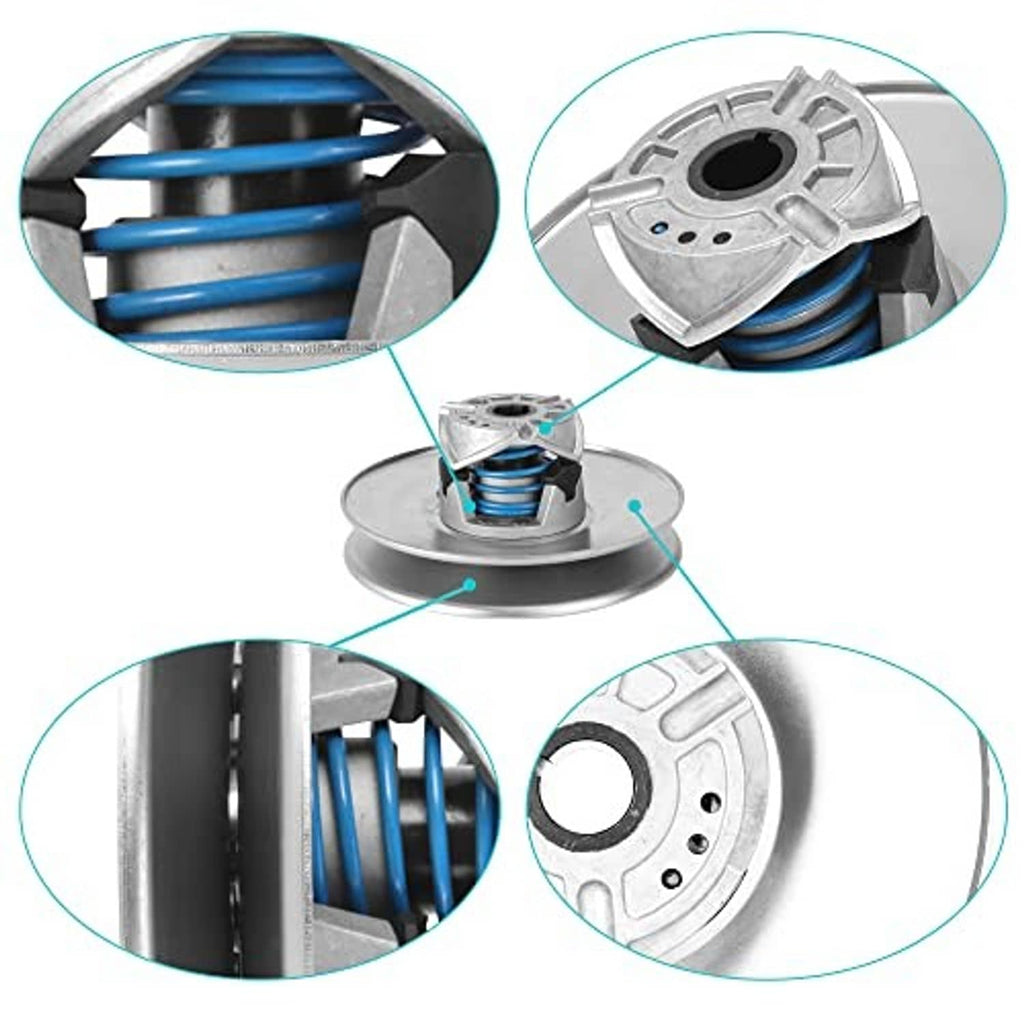Driven clutch with blue coil springs, vented metal plate, and close-up details