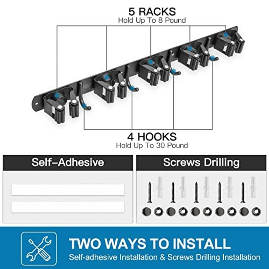 5-rack and 4-hook broom holder wall mount with self-adhesive or screw installation