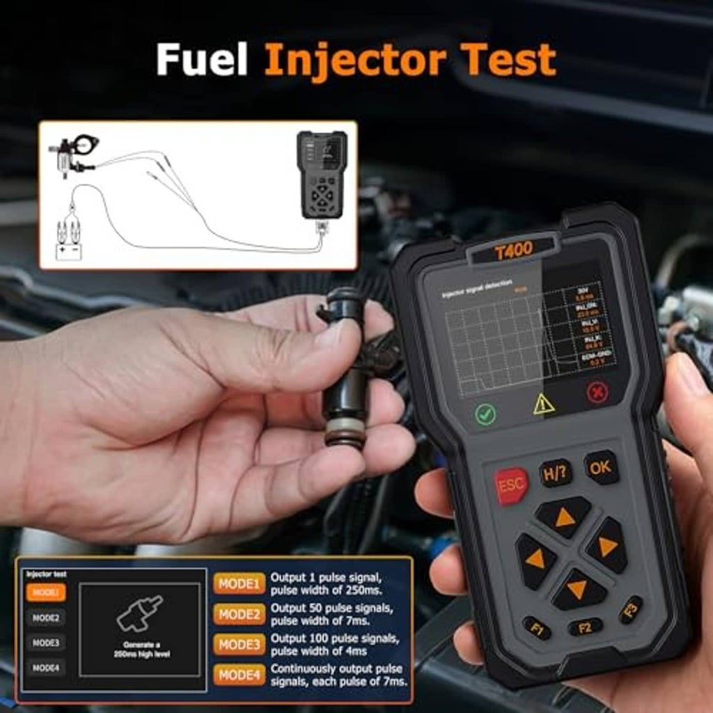 Handheld car diagnostic scanner and battery tester beside fuel injector test control