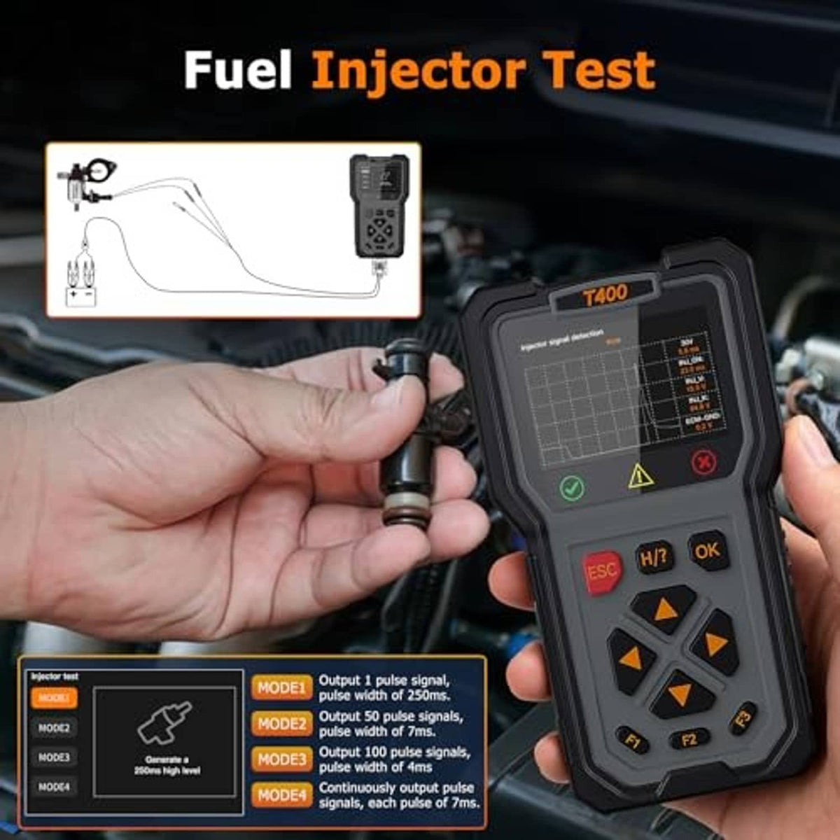 Handheld car diagnostic scanner and battery tester beside fuel injector test control