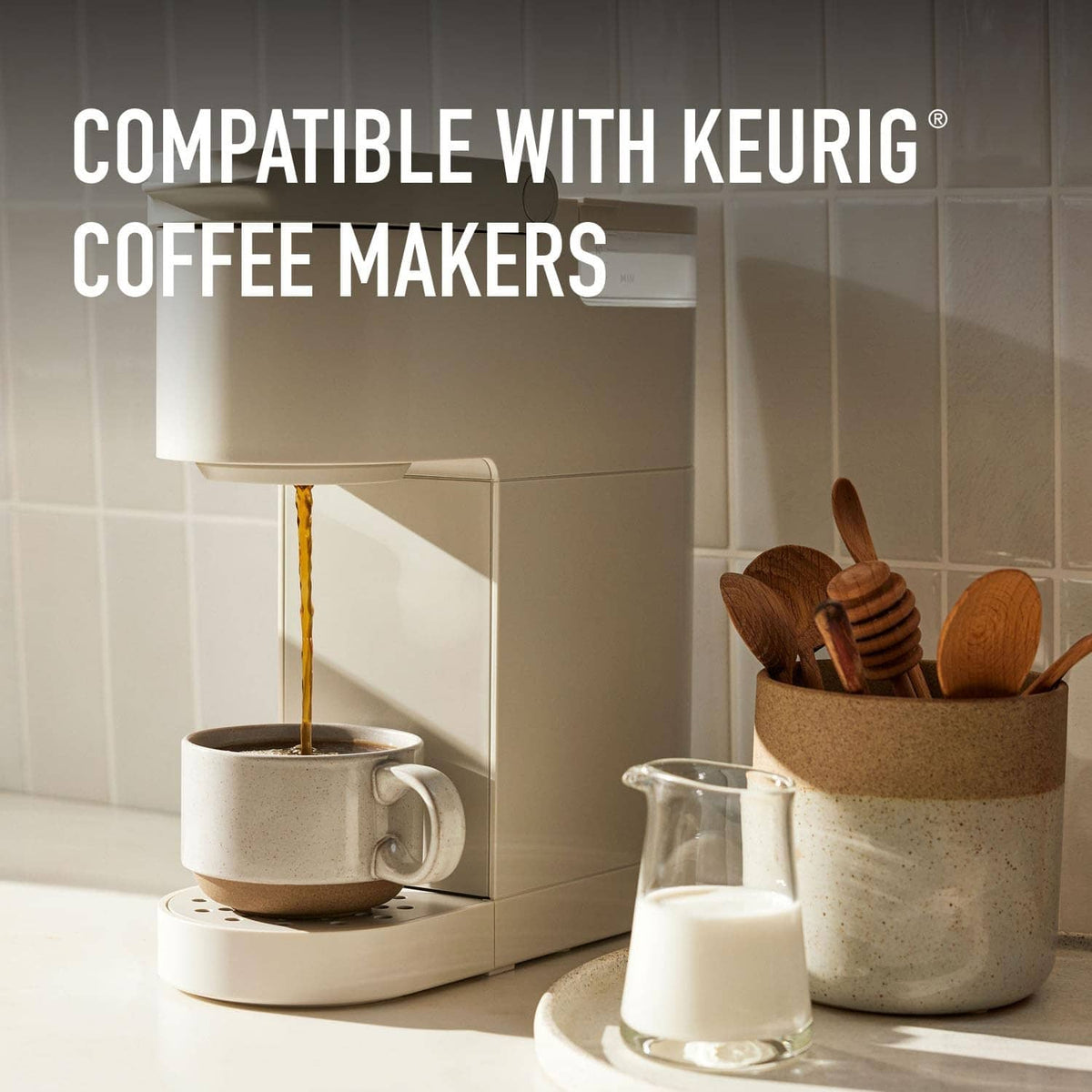 K-Cup coffee brewing compatible with Keurig coffee makers, mug with coffee pour