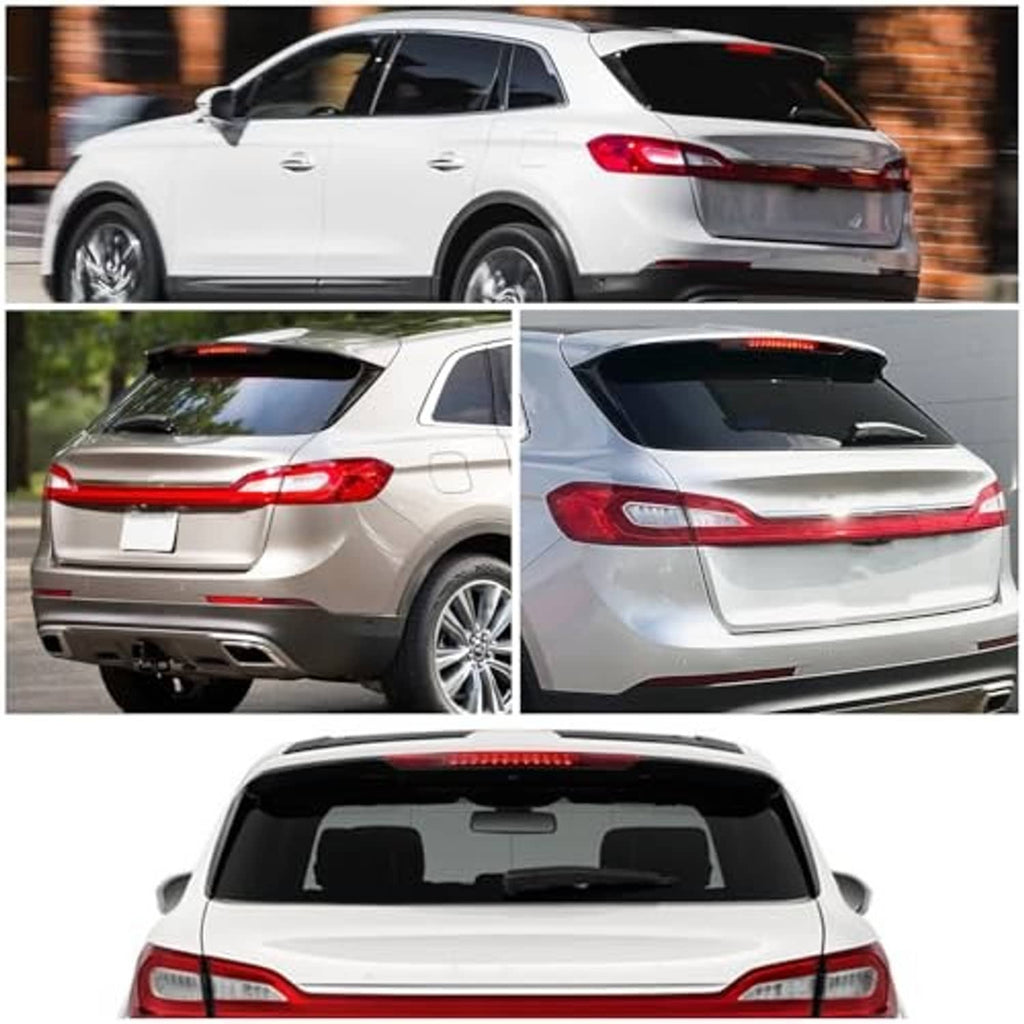 Installed red LED third brake light strip on a white SUV rear, rear and side views