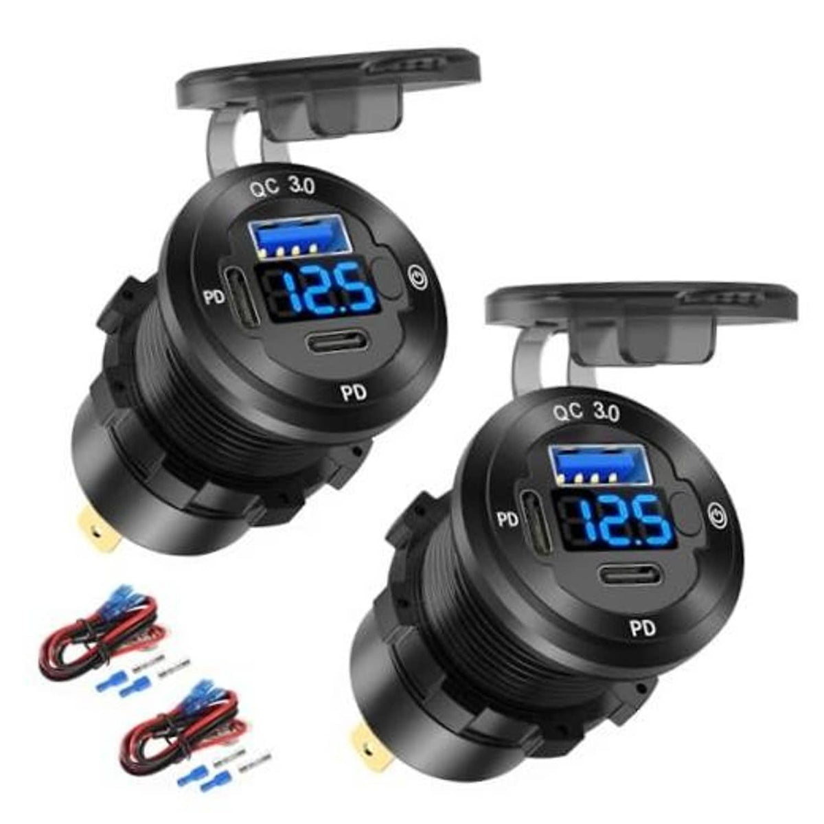 Black 12V round car USB socket, QC 3.0 and PD USB-C, dual set