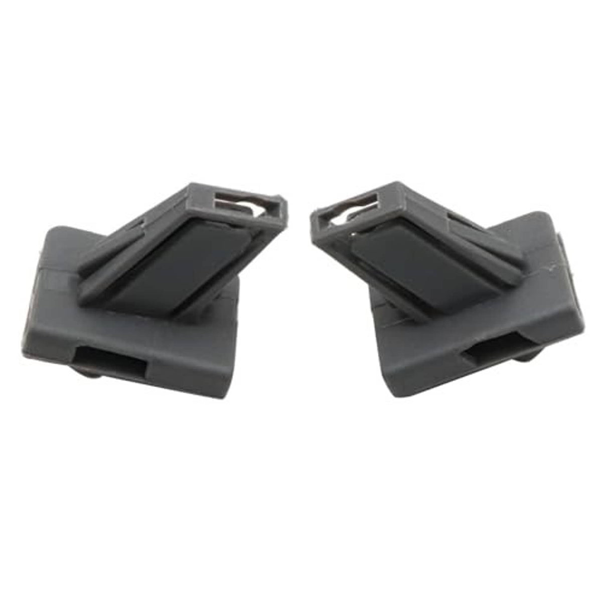 Two dark gray bumper to fender bracket clips with rectangular mounting openings