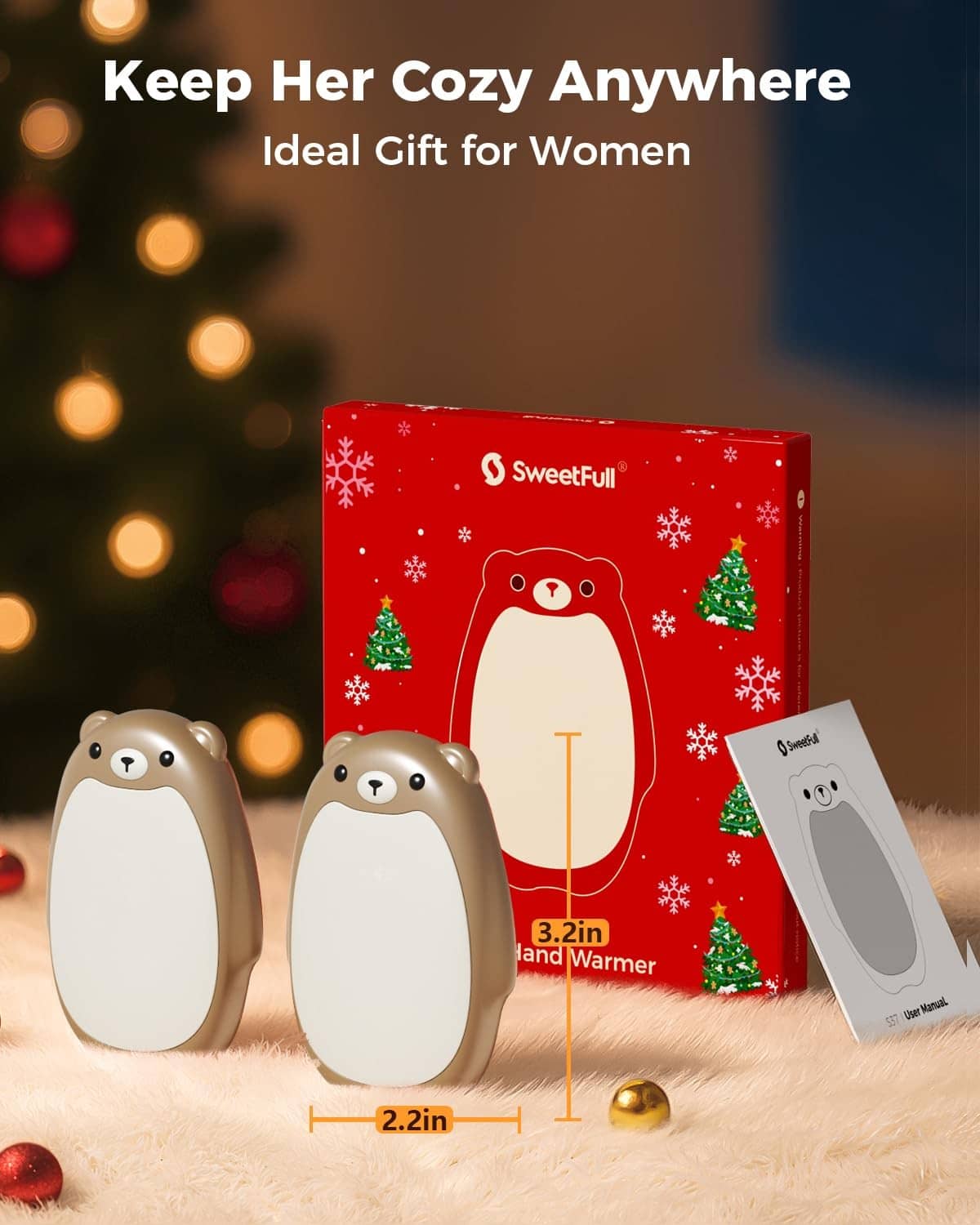 Bear-shaped brown and white hand warmers, 2-pack with gift packaging