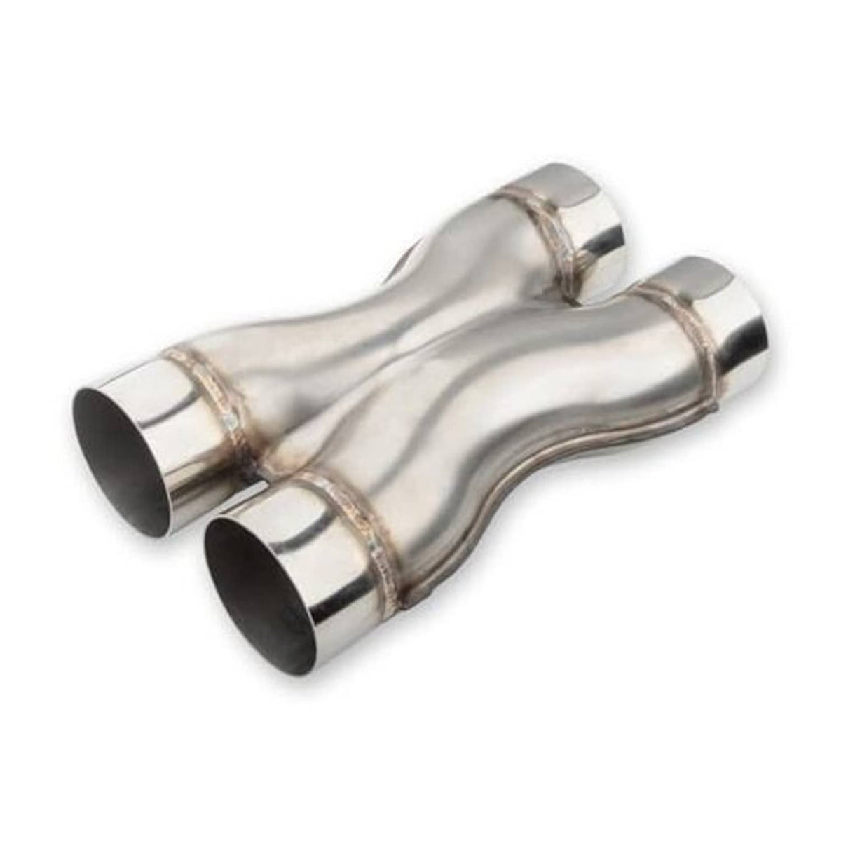 Stainless steel 3 in exhaust X-pipe with dual round outlets and flared ends