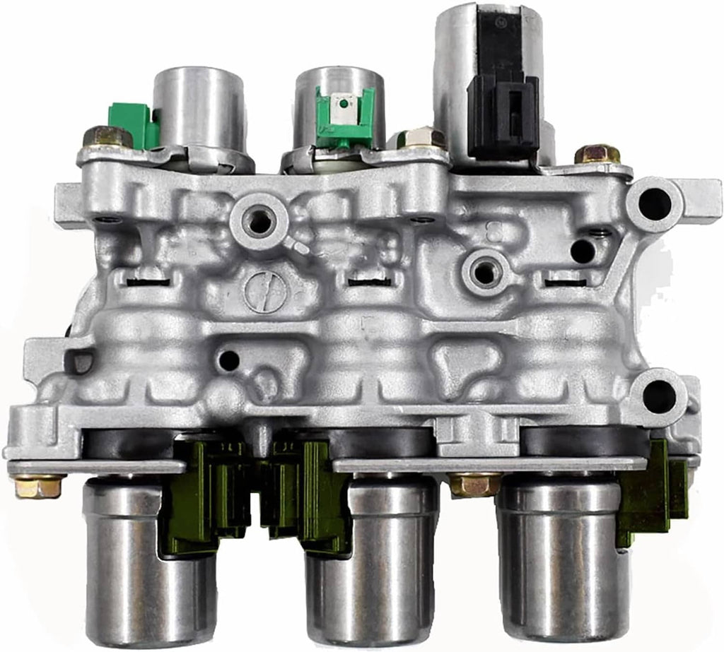 Transmission solenoid block assembly with silver housing, green sensors, and black connectors