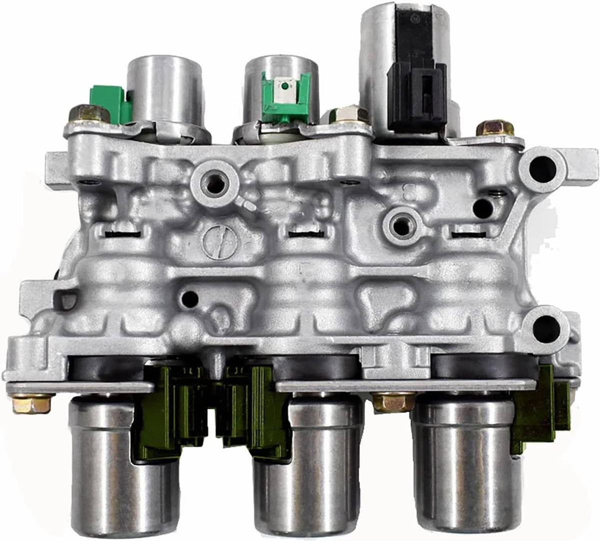 Transmission solenoid block assembly with silver housing, green sensors, and black connectors