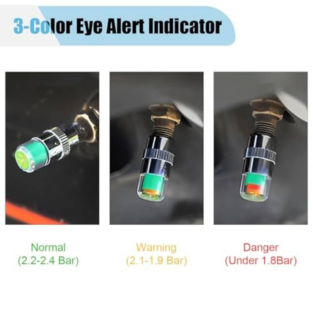 Tire valve stem cap with clear top and green/amber/red indicator eye