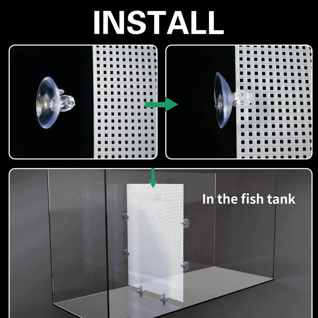 White mesh aquarium divider panel installed with suction cups on tank wall