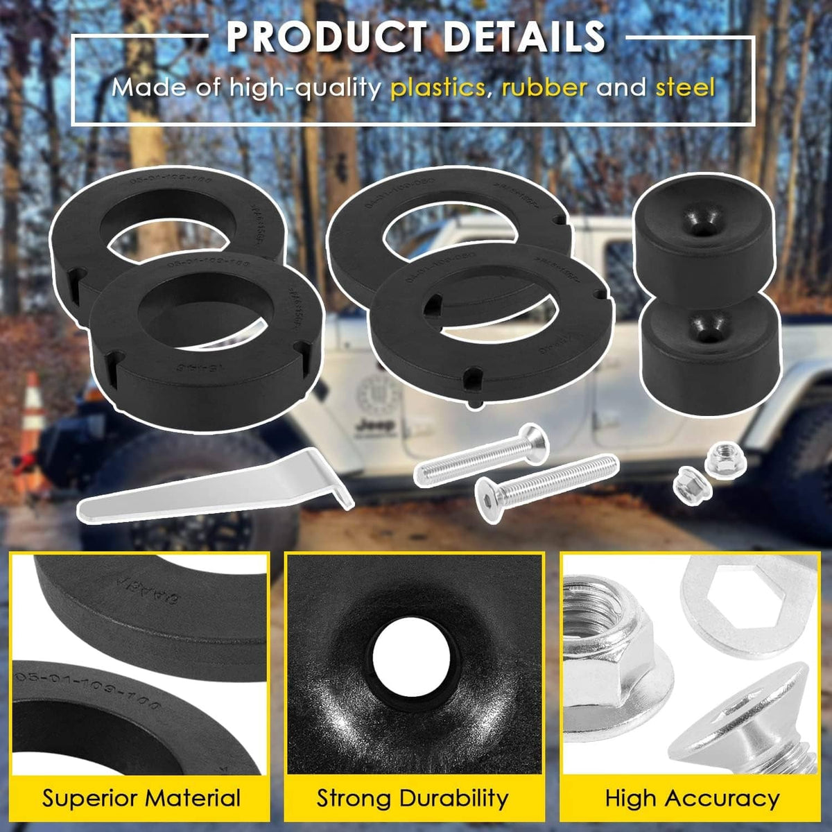 Black coil spring spacer rings with steel hardware and spacer components in view