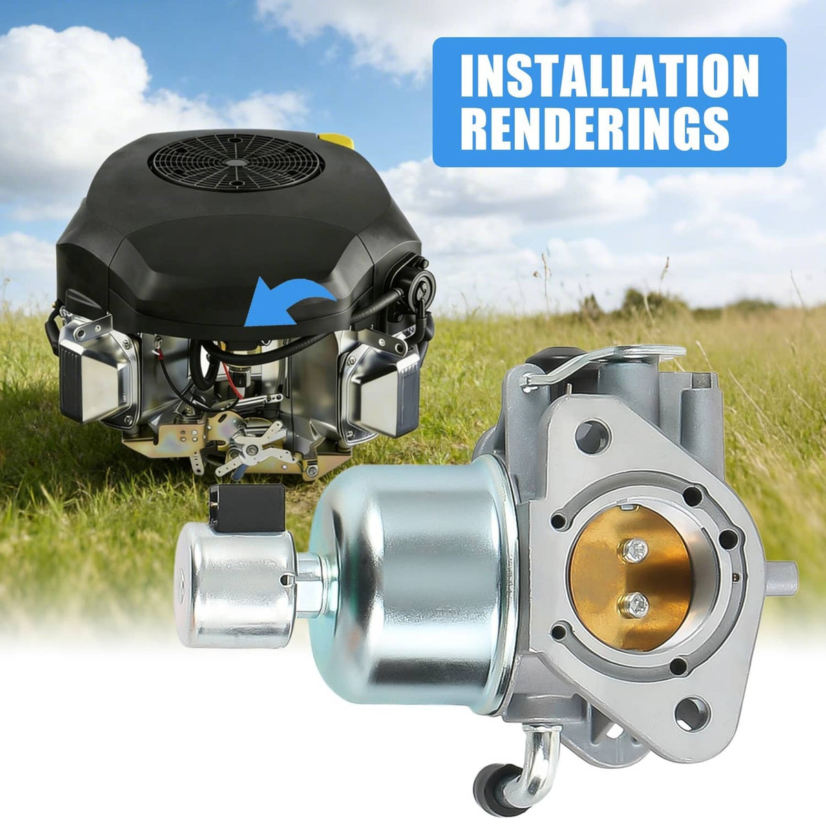 Carburetor on mower engine, silver cylinder housing with gold diaphragm and black knobs