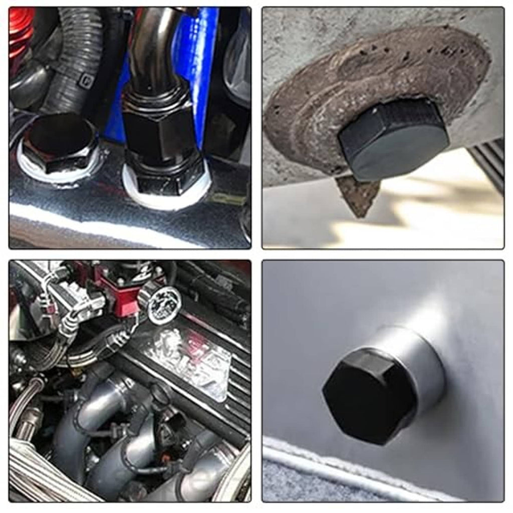 Black threaded hex flare blanking plugs fitted on AN lines in an engine bay.