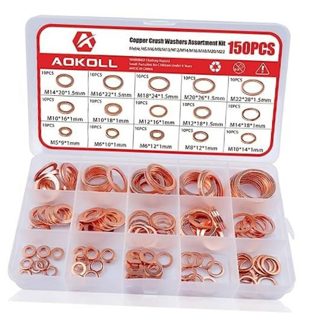 Copper sealing washer assortment kit with mixed-size copper washers in divided case.