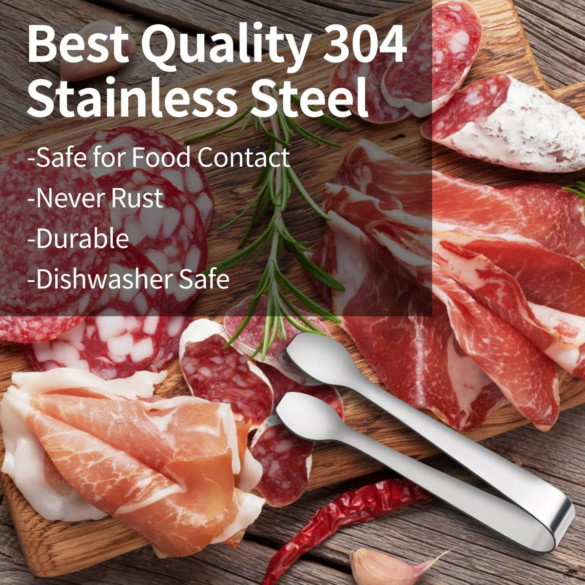 Stainless steel mini serving tongs with curved tips beside sliced meat