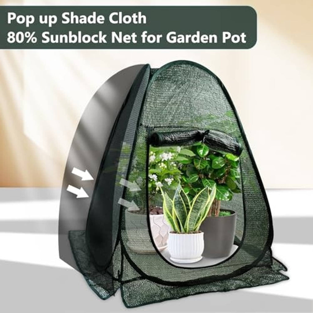 Dark green mesh pop-up shade tent with front opening and plant cover