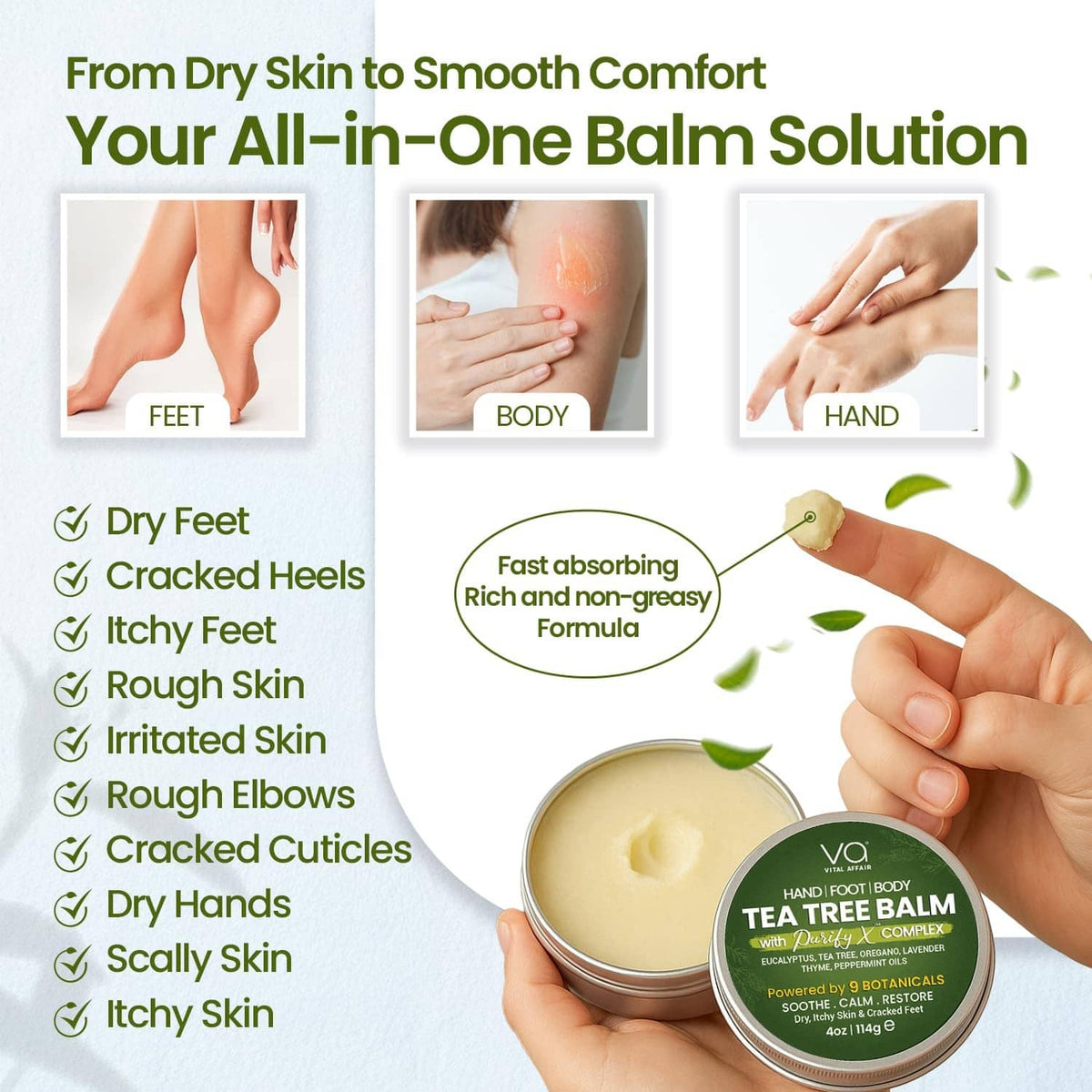 Tea tree balm tin with all-in-one comfort graphic for hands, feet, body