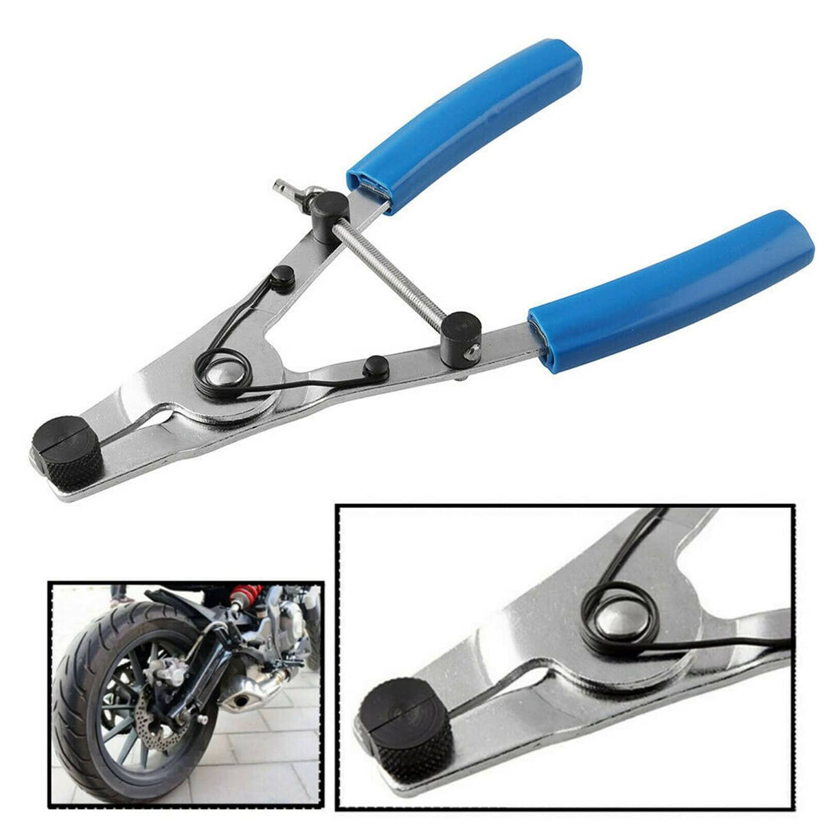 Brake caliper piston removal pliers with curved steel lever and blue handles