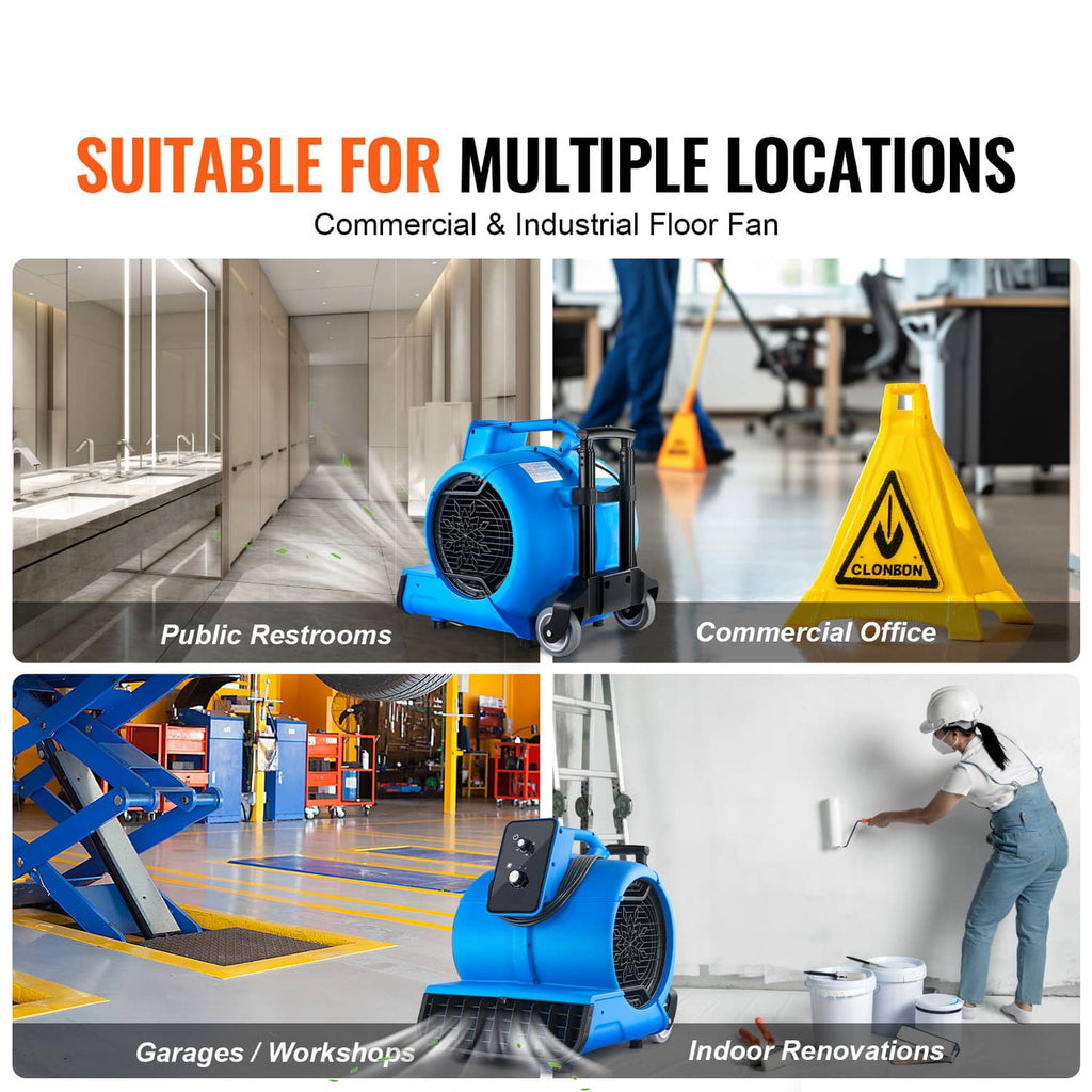 Blue floor blower fan unit on wheels with front grille and control panel