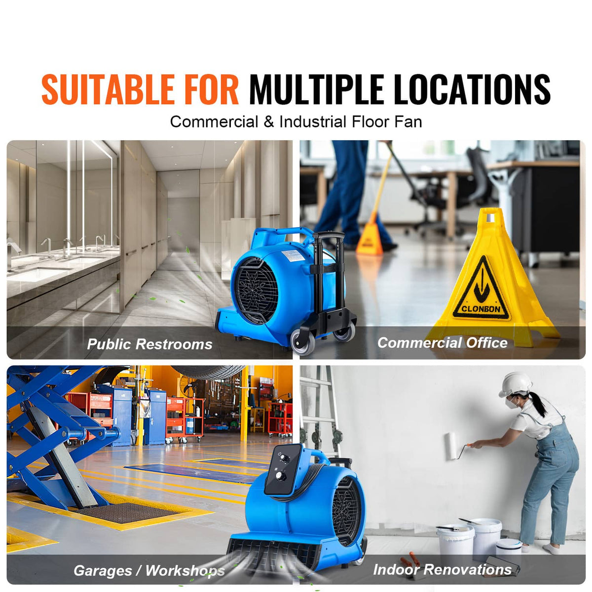 Blue floor blower fan unit on wheels with front grille and control panel