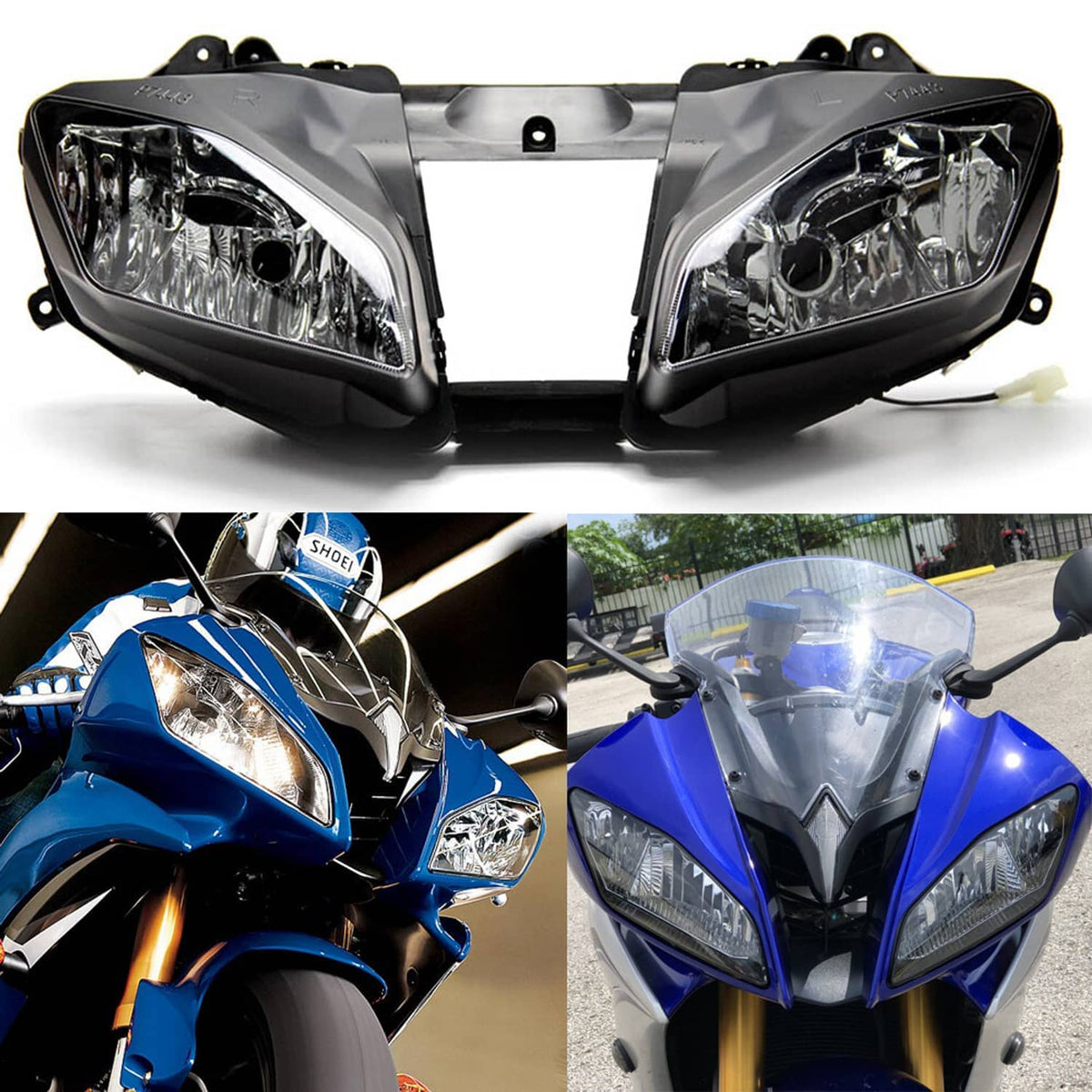 Black front headlight fairing stay bracket with two headlight housings and mounting tabs