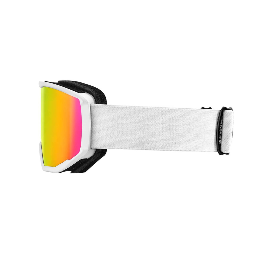 White ski goggles with reflective pink-green lens and wide elastic strap