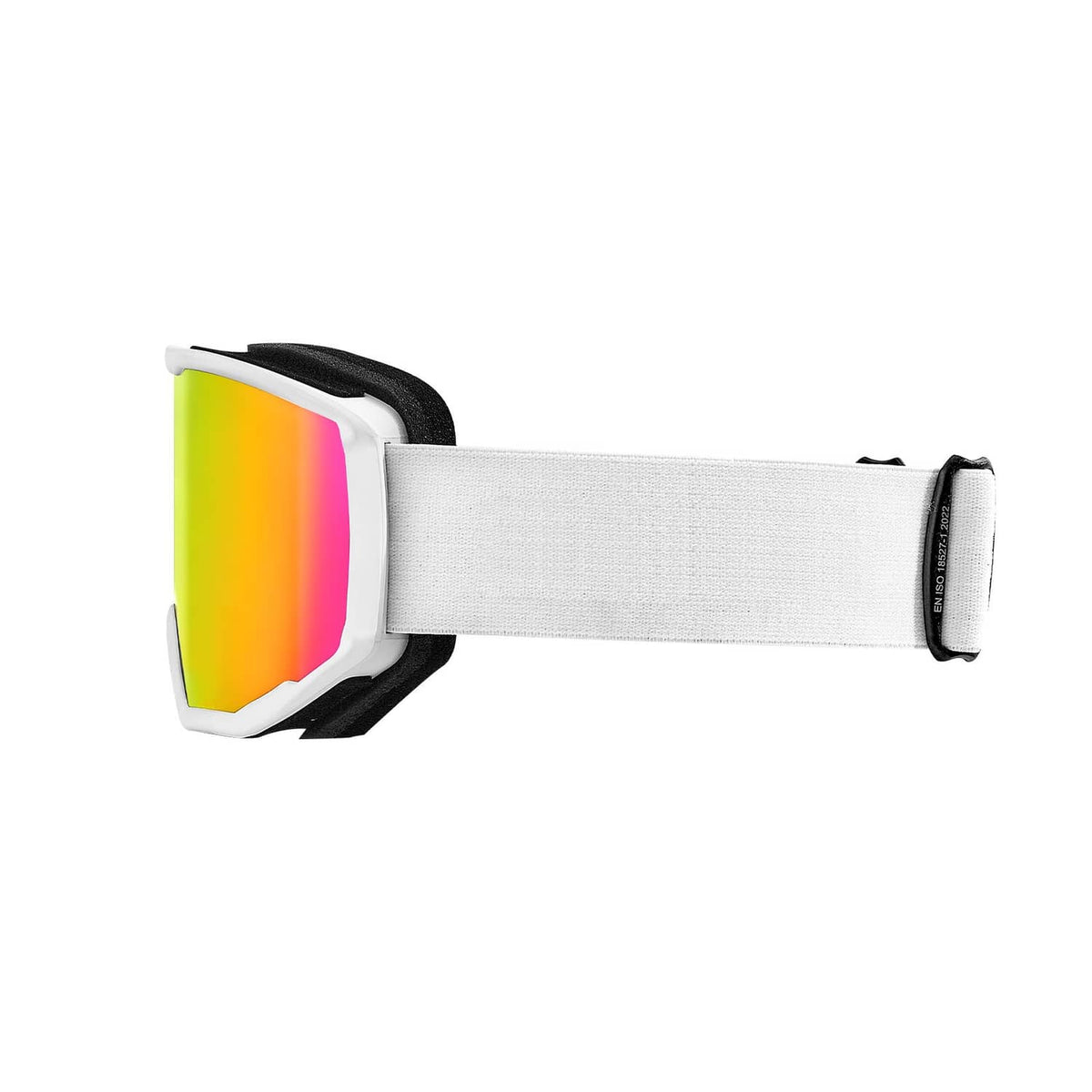 White ski goggles with reflective pink-green lens and wide elastic strap