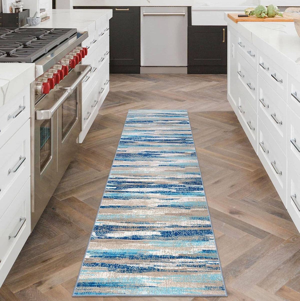 Abstract blue runner rug with horizontal brush-stroke stripes in a hallway
